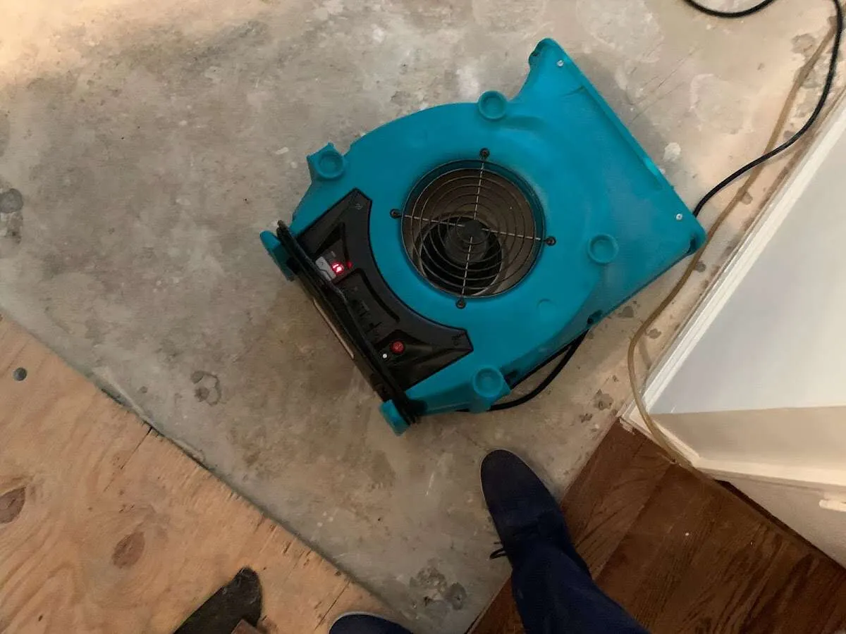 Air mover drying subfloor during Leak Detection & Repair in Highlands
